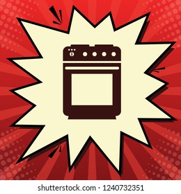 Stove sign. Vector. Dark red icon in lemon chiffon shutter bubble at red popart background with rays.