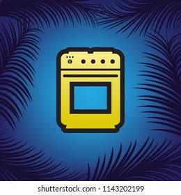 Stove sign. Vector. Golden icon with black contour at blue background with branches of palm trees.