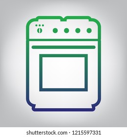 Stove sign. Vector. Green to blue gradient contour icon at grayish background with light in center.