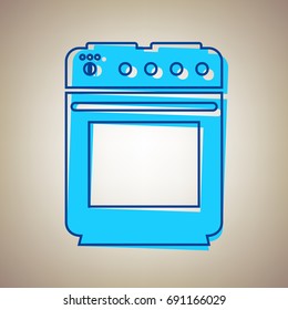 Stove sign. Vector. Sky blue icon with defected blue contour on beige background.