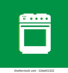Stove sign. Vector. White flat icon with yellow striped shadow at green background.