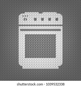 Stove sign. Vector. White knitted icon on gray knitted background. Isolated.