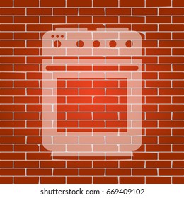 Stove sign. Vector. Whitish icon on brick wall as background.