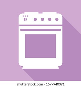 Stove sign. White Icon with long shadow at purple background. Illustration.