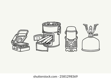 stove tube shape with pot, gas cylinder stove with holder, furnace with firewood, folding stove firebox,  portable outline line art icon symbol element designs set for camping, outdoor, adventure