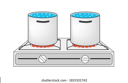 Stove with two metal pots and boiling water on a white background
