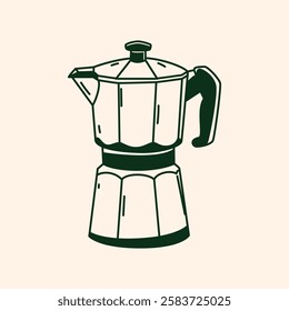 A stovetop espresso maker awaits its caffeine filled destiny, hand drawn style