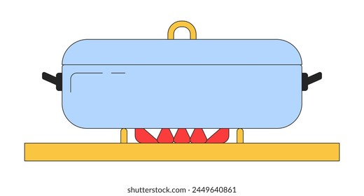 Estufa tapa de olla 2D objeto de dibujos animados lineal. Preparación de la cena. Elemento de Vector de línea aislada de utensilios de cocina de fondo blanco. Olla en llamas de estufa. Ilustración de punto plano de color de preparación de comidas