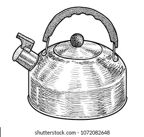 Stovetop Whistling Kettle Illustration, Drawing, Engraving, Ink, Line Art, Vector