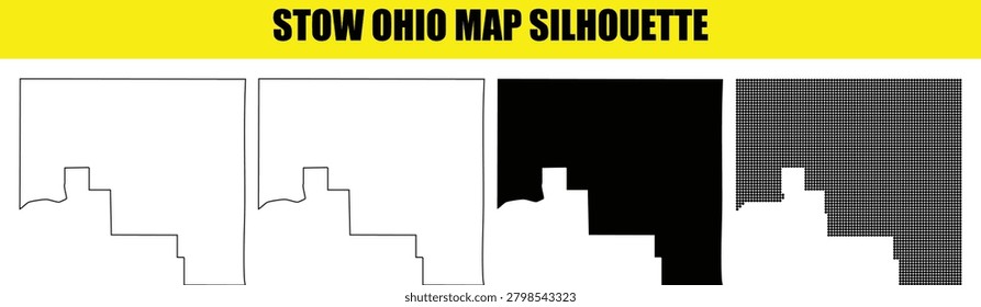 Stow ohio map silhouette, presented in white, outline, black, and dotted formats. Useful for creative presentations and location mapping.