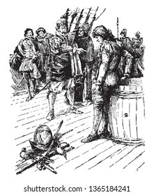 The Stowaway where a captain yelling at a stowaway found on his ship, vintage line drawing or engraving illustration.