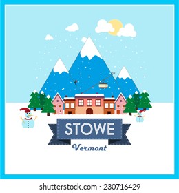 Stowe, Vermont, Winter Holiday destination flat design on snowy mountain background.