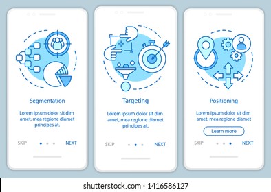 STP blue onboarding mobile app page screen vector template. Market strategy and positioning  walkthrough website steps with linear illustrations. UX, UI, GUI smartphone interface concept