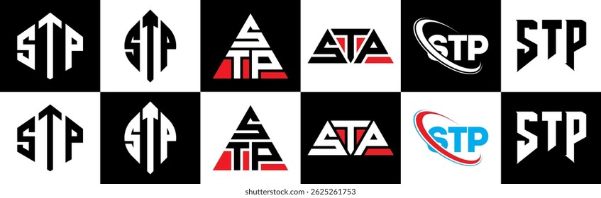 STP letter logo design in six style. STP polygon, circle, triangle, hexagon, flat and simple style with black and white color variation letter logo set in one artboard. STP minimalist and classic logo