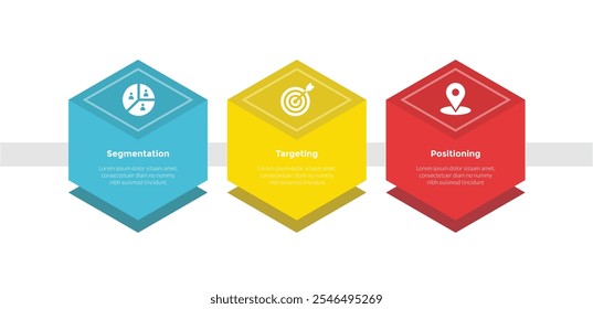 Diagrama de modelo de infográficos de análise de marketing STP com sombra de círculo horizontal hexágono com design de etapa de 3 pontos para vetor de apresentação de slides