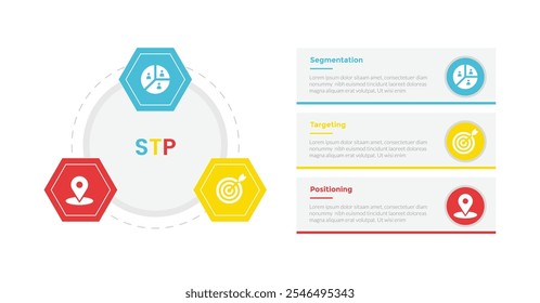 Infografía de análisis de marketing STP Diagrama de Plantilla con ciclo triangular o circular con descripción de caja a la izquierda con diseño de paso de 3 puntos para Vector de presentación de diapositivas