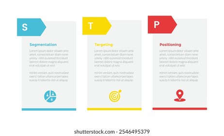 STP marketing analysis infographics template diagram with circle outline joined combination with 3 point step design for slide presentation vector