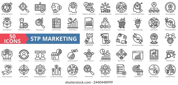 Stp marketing icon collection set. Containing target audience, customer needs, value proposition, loyalty program, marketing mix, retention, buyer persona icon. Simple line vector illustration.