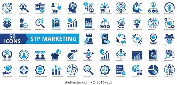 Stp marketing icon collection set. Containing target audience, customer needs, value proposition, loyalty program, marketing mix, retention, buyer persona icon. Simple flat vector illustration.