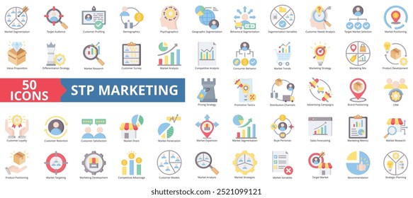 STP marketing icon collection set. Containing target audience, customer needs, value proposition, loyalty program, marketing mix, retention, buyer persona icon. Simple flat color illustration.