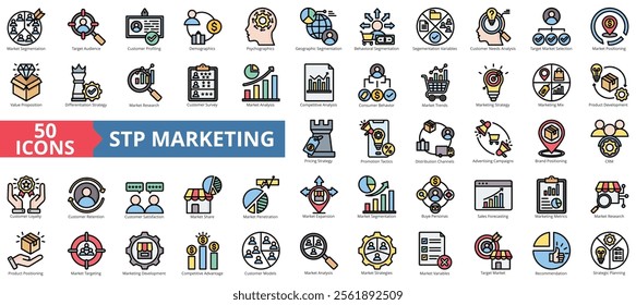 STP marketing icon collection set. Containing target audience, customer needs, value proposition, loyalty program, marketing mix, retention, buyer persona icon. Simple flat color illustration