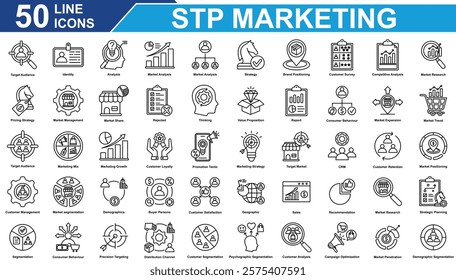 STP Marketing Icon Set Collection. Containing Market Analysis, Marketing Growth, Market Trend, Consumer Behaviour, Target Audience, Strategy, Brand Positioning. Simple Line Vector Illustration.