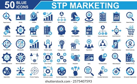 STP Marketing Icon Set Collection. Containing Market Analysis, Marketing Growth, Market Trend, Consumer Behaviour, Target Audience, Strategy, Brand Positioning. Simple Blue Vector Illustration.