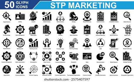 STP Marketing Icon Set Collection. Containing Market Analysis, Marketing Growth, Market Trend, Consumer Behaviour, Target Audience, Strategy, Brand Positioning. Simple Glyph Vector Illustration.