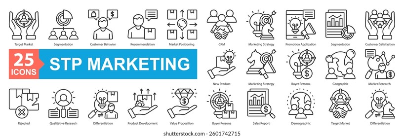 STP Marketing icon sheet vector concept with target market, segmentation, customer behavior, recommendation, market positioning, crm, marketing strategy, promotion application, segmentation, customer