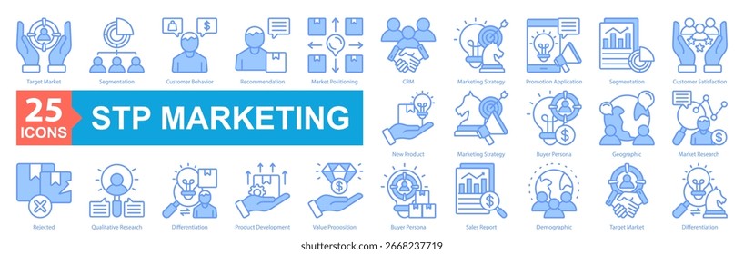 STP Marketing icon shet vector concept with target market, segmentation, customer behavior, recommendation, market positioning, crm, marketing strategy, promotion application, segmentation