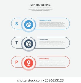 STP marketing infographic outline style with 3 point template with long round rectangle shape with stack vertical layout for slide presentation vector