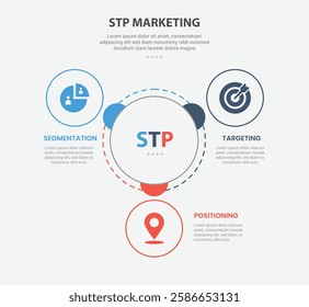 STP marketing infographic outline style with 3 point template with big circle center with small circle spreading around for slide presentation vector