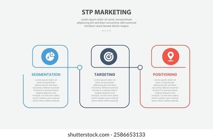 STP marketing infographic outline style with 3 point template with creative linked table with circle header for slide presentation vector