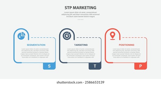 STP marketing infographic outline style with 3 point template with creative table box with half circle round on header for slide presentation vector