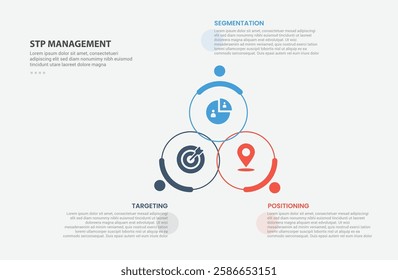 STP marketing infographic outline style with 3 point template with big circle cycle circular create triangle pyramid for slide presentation vector