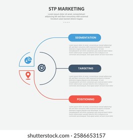 STP marketing infographic outline style with 3 point template with creative circle and link connection spreading for slide presentation vector