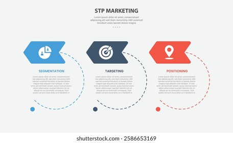 STP marketing infographic outline style with 3 point template with big circle dotted line with arrow header badge for slide presentation vector