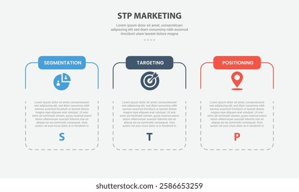STP marketing infographic outline style with 3 point template with slice table box container with dotted line for slide presentation vector
