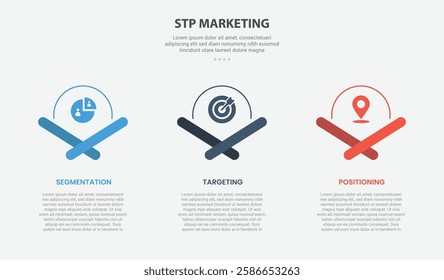 STP marketing infographic outline style with 3 point template with half circle and creative x footer for slide presentation vector