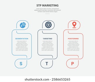 STP marketing infographic outline style with 3 point template with creative table with swirl header and footer for slide presentation vector