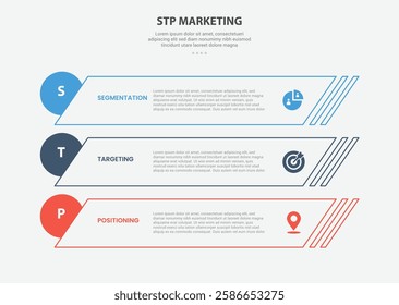 STP marketing infographic outline style with 3 point template with skew rectangle and circle badge at edge for slide presentation vector