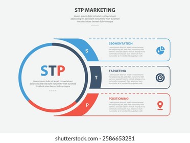 STP marketing infographic outline style with 3 point template with big circle and fluid rectangle box container for slide presentation vector