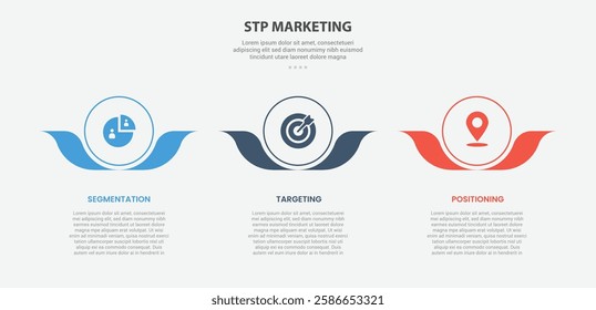 STP marketing infographic outline style with 3 point template with big circle and flower leaf accessories at bottom for slide presentation vector