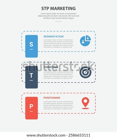 STP marketing infographic outline style with 3 point template with dotted line rectangle with vertical badge for slide presentation vector