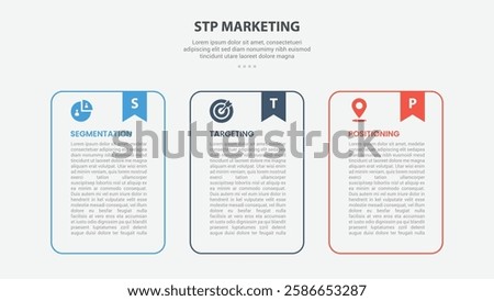 STP marketing infographic outline style with 3 point template with round container table with bookmark header for slide presentation vector