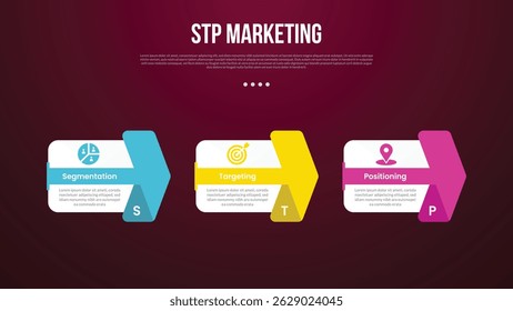 STP marketing infographic template with big box and creative arrow through shape with dark background style with 3 point for slide presentation vector