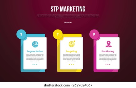 TEMPLATE d'infographie marketing STP avec grand rectangle boîte avec pile de calques et badge de cercle sur le dessus avec style d'arrière-plan sombre avec 3 points pour Image vectorielle de présentation de diapositive