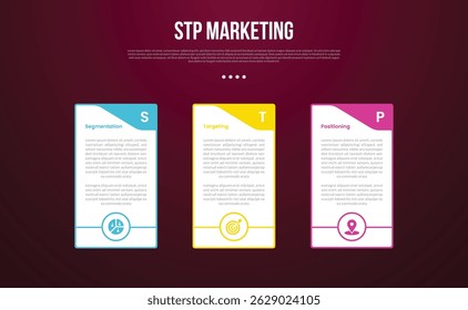STP marketing infographic template with big table container with swirl header and outline circle bottom with dark background style with 3 point for slide presentation vector