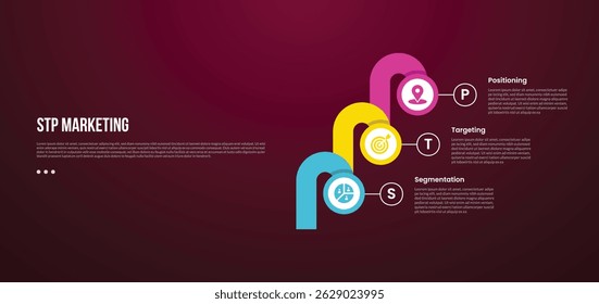 STP marketing infographic template with circle and round thick shape chained with dark background style with 3 point for slide presentation vector