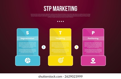 STP marketing infographic template with creative table with bold big footer bottom with dark background style with 3 point for slide presentation vector